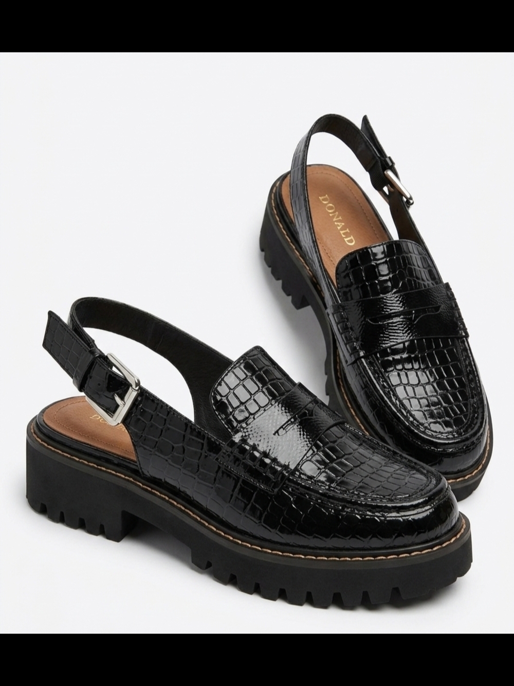 Donald J. Pliner Black Croc Patent Slingback Lug Loafers Size:7.5